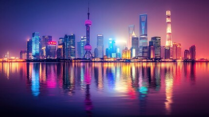 Obraz premium A futuristic city skyline with neon lights reflected in water