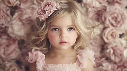 Fototapeta premium Adorable Blonde Girl Posing Amidst Pink Roses