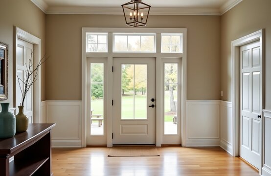 Empty elegant hallway inside modern home. Large front door with glass panels leads to garden view. Beige walls, white trim create welcoming atmosphere. Spacious interior design. Hardwood flooring,