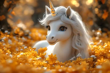 Adorable White Unicorn Amidst Autumn Flowers