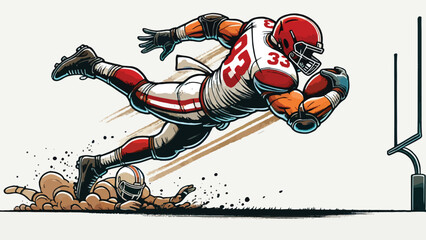 A linebacker diving to make a tackle, with dynamic action lines and dust particles in a flat-style composition