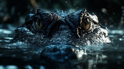 Obraz premium Close-up of a crocodile's head emerging from dark water.