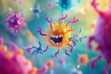 Playful cartoon viruses in a lively battle with antibodies in a colorful microscopic world. Generative AI