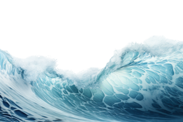 Powerful ocean wave crashing with vibrant blue tones and frothy white spray on a bright day