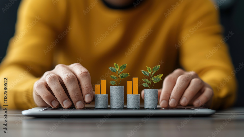 Aufkleber digital marketing professional analyzing growth data with plant graphics, symbolizing sustainability