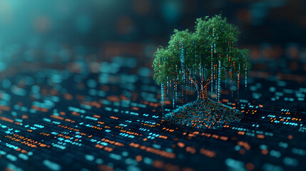 Digital Tree Growing from Data: Abstract Representation of Technological Growth and Environmental Harmony