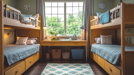 Modern shared university dorm room with bunk beds and study area