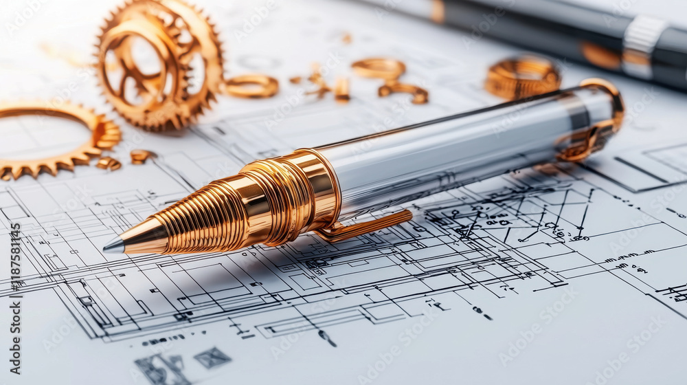 Poster close up of modern mechanical pen resting on architectural blueprints, showcasing intricate gears and design elements. metallic finish adds touch of elegance to workspace