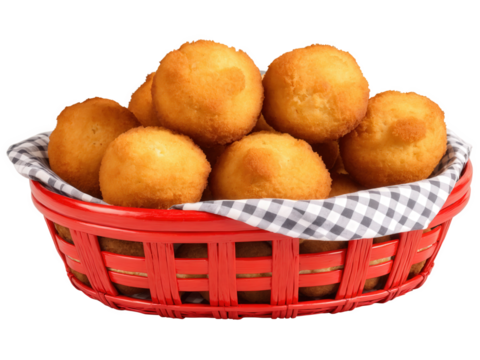 Hush puppies, crispy golden brown fried cornbread balls, in red basket with gingham liner, isolated on transparent background