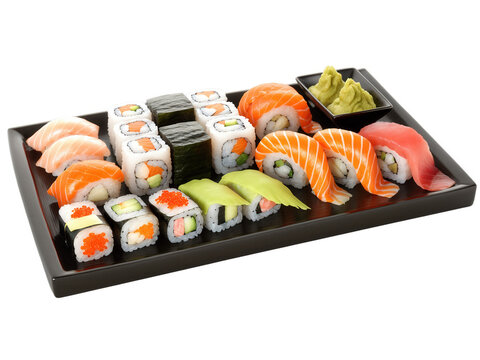 Sushi Japan Assortment of nigiri and maki sushi rolls with fresh ginger, wasabi and soy sauce in traditional ceramic platter,