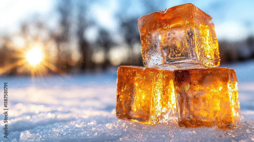 Poster close up of ice cubes glistening in sunlight on snowy surface, creating warm and inviting atmosphere