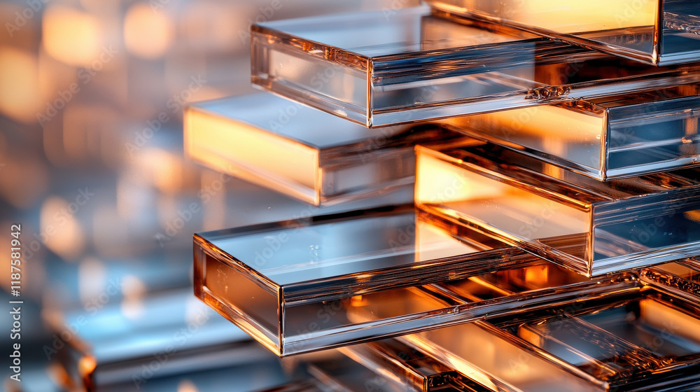 Poster close up of stack of solid glass blocks reflecting warm light, showcasing their transparent beauty a