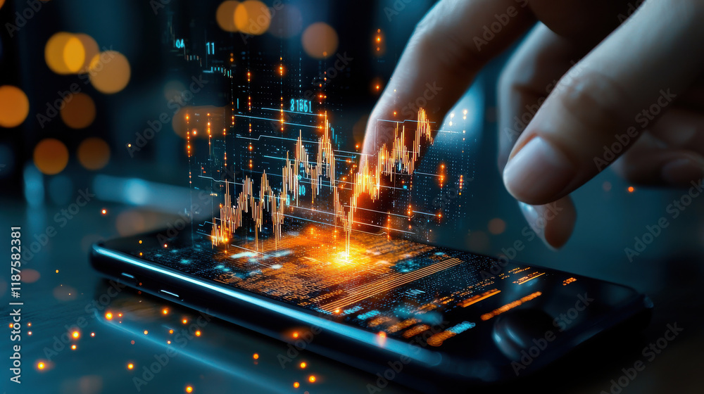 Fototapete close up of hand interacting with smartphone displaying digital marketing analytics and trend data, 