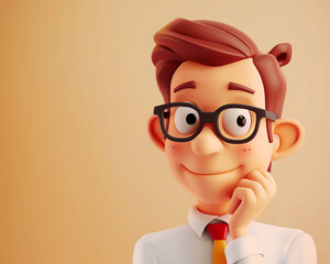 3D Illustration of Thoughtful Young Man with Glasses and Tie for Business Concepts