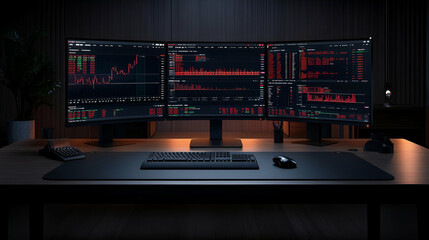 Dark workspace with three monitors displaying financial data and market trends