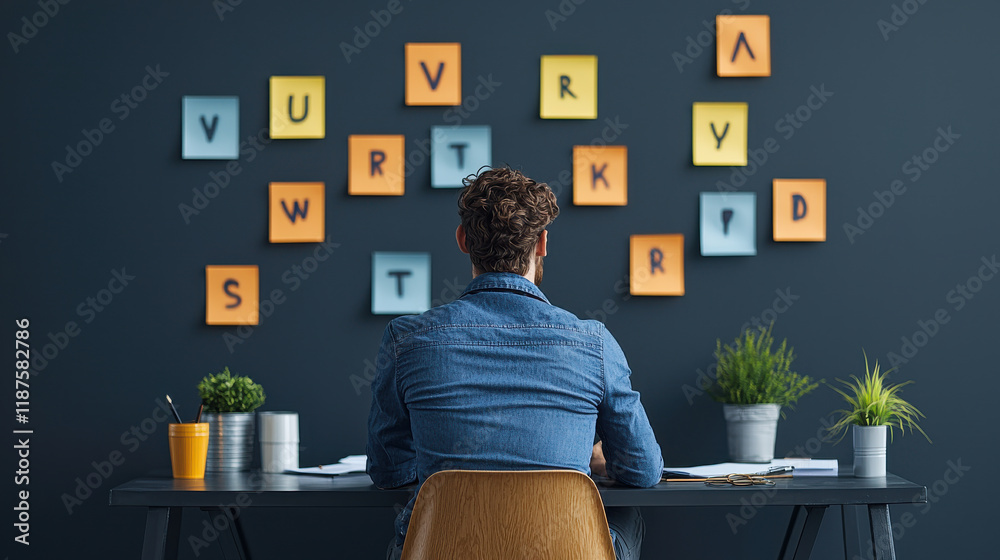 Fototapete creative brainstorming session with business team at desk, surrounded by colorful sticky notes on da
