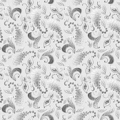 Monochrome paisley floral seamless pattern with engraved texture. Ideal for fabric prints, coloring pages, textile design, vintage décor, and ornamental backgrounds.