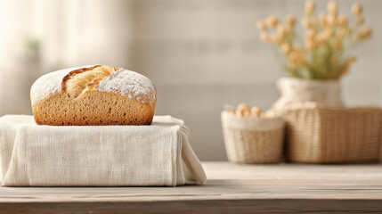 Freshly baked artisan loaf on linen cloth, surrounded by rustic decor. warm tones and soft lighting create cozy atmosphere, perfect for home kitchen setting
