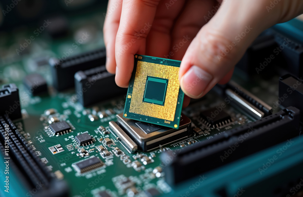 Poster Close-up view of computer tech maintenance. Person installs cpu processor into socket on pc motherboard. Tech support hardware expert works on pc components. Maintenance, repair concepts displayed on