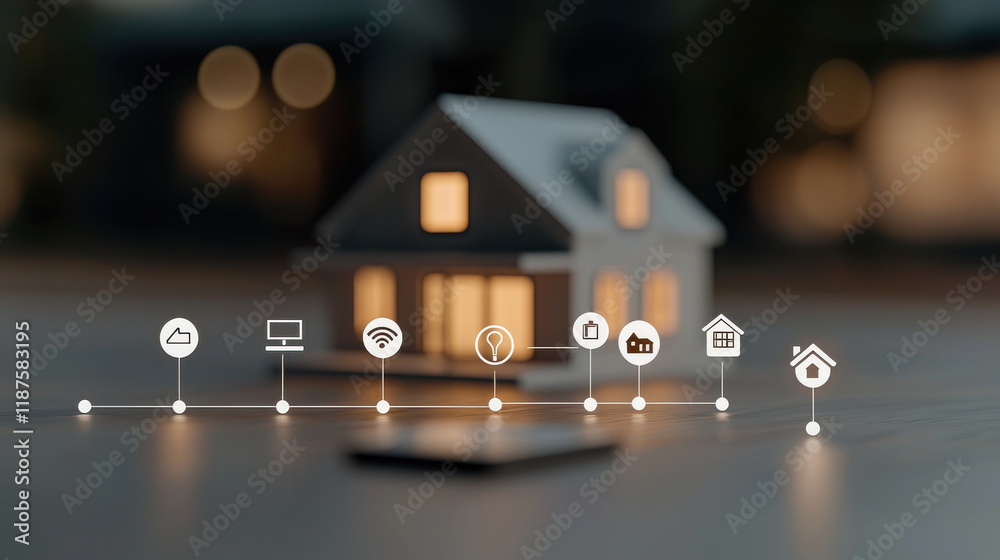 Aufkleber smart home devices connected through network, showcasing model house with glowing windows. this repr