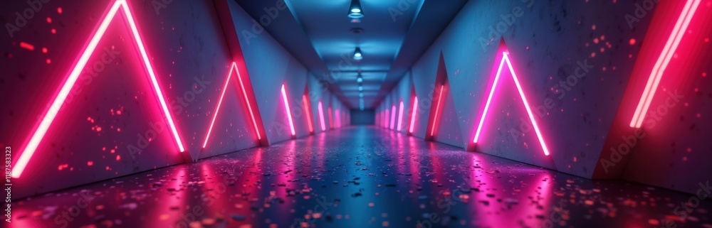 Poster futuristic corridor with triangle patterns lit by vibrant fluorescent ultraviolet light. colorful la