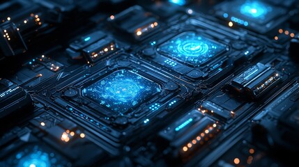 Futuristic Winter Wonderland: Snow-Covered Tech Interfaces with Glowing Blue Holographic Elements