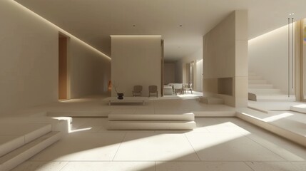 Fototapeta premium Modern minimalist interior design featuring spacious layout and natural light. room includes neutral tones, simple furniture, and clean lines, creating serene atmosphere