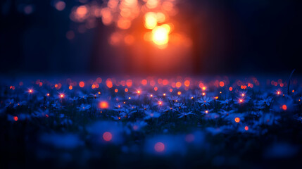 Enchanted Field at Twilight Glowing with Red and Blue Lights