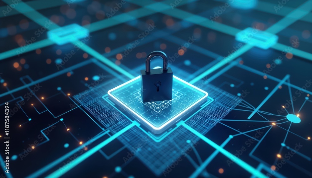 Poster Secure network system protected by lock. Advanced tech safeguarding data integrity. Cyber defense strategy. Network security, device protection. Preventing data breaches. Innovation in information