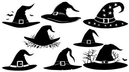 Obraz premium Halloween witch hat great set collection clip art silhouette, Black vector illustration on white background.