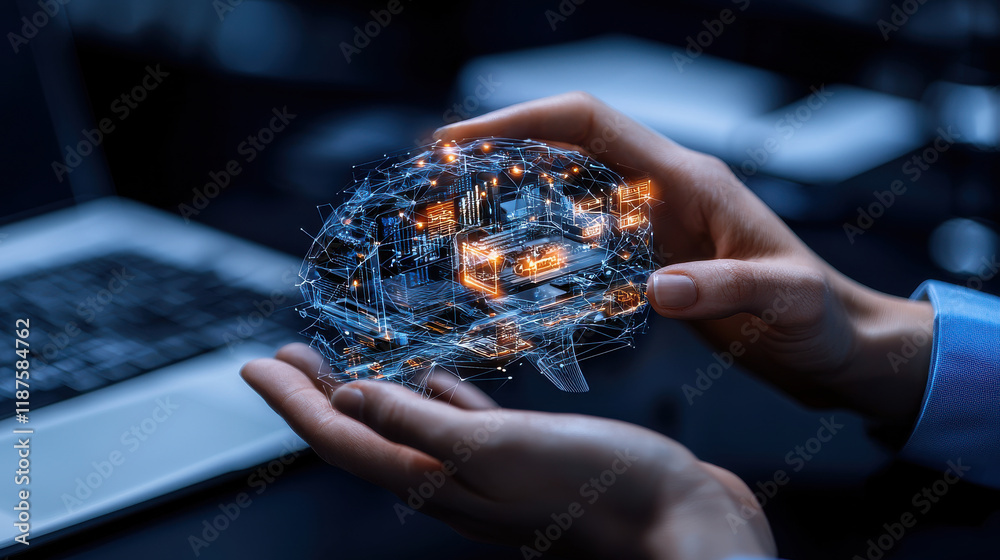 Aufkleber image depicts person holding digital representation of brain, symbolizing artificial intelligence and data processing. This visual conveys innovation and technology in field of machine learning