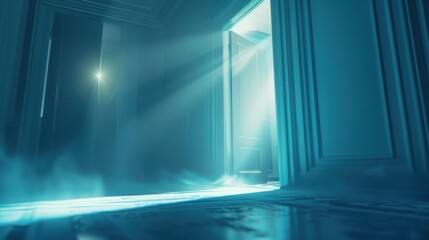 mysterious hallway with partially open door, illuminated by soft light and fog, creates eerie atmosphere. light beams enhance sense of intrigue and suspense