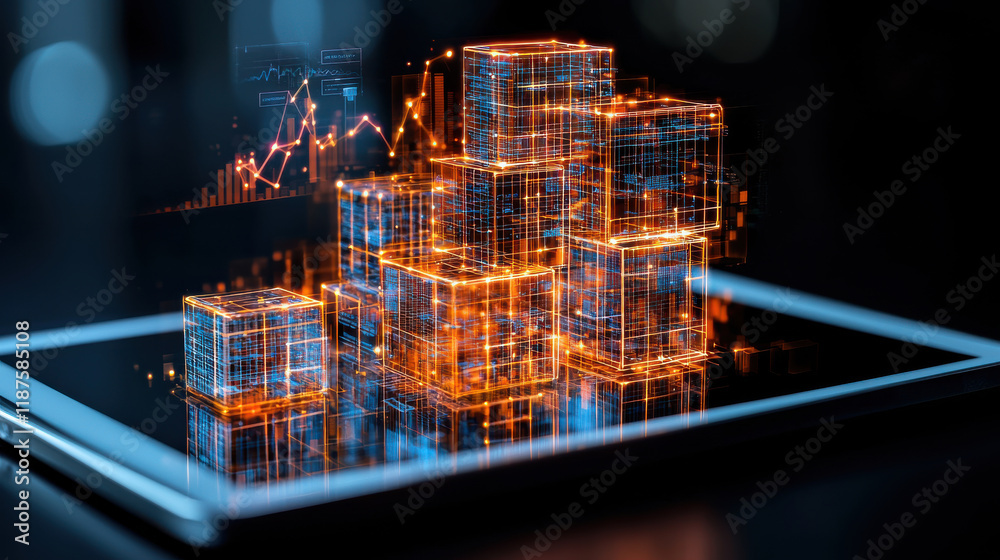 Fototapete Digital tablet displaying 3D model of stacked data cubes, representing innovative business strategies and analytics. glowing design emphasizes technology and modernity
