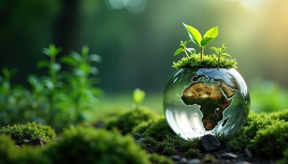 Eco friendly globe with small green plants growing on top sustainability, eco responsibility. Globe sits on mossy ground surrounded by green foliage. Image suggests environmental consciousness,