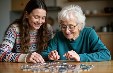 Young caregiver happily assists senior woman putting puzzle pieces together at home. Senior woman smiles contentedly during activity. Caregiver helps with puzzle. Domestic scene of care, leisure.