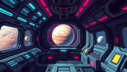 Obraz premium Futuristic Spaceship Interior Planet View Neon Lights