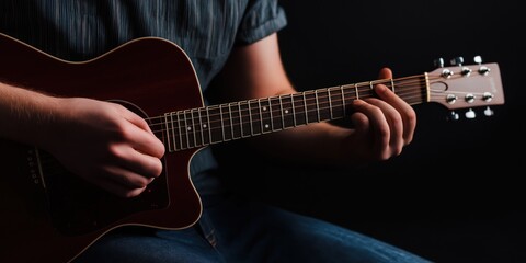 Obraz premium Focused close-up shot of a musician's hands strumming an acoustic guitar, showcasing the intricate details of playing and the passion of music-making.
