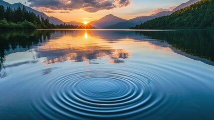 Obraz premium Capture a serene photograph of a crystal-clear lake reflecting the vibrant hues of a sunset, with ripples adding a dreamy touch to the mirrored sky.