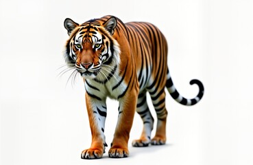 Obraz premium Powerful bengal tiger walks against transparent background. Majestic creature with orange, black stripes displays strength, alertness. Wildcat moves forward showing predator nature. Image isolated,