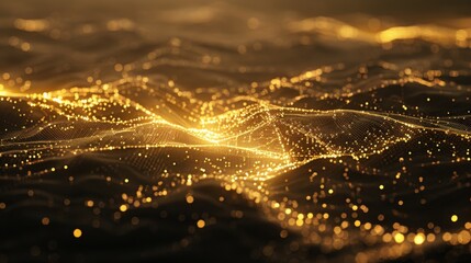 mesmerizing golden wave of light creates stunning visual effect, resembling digital landscape. shimmering particles evoke sense of depth and movement, captivating viewer