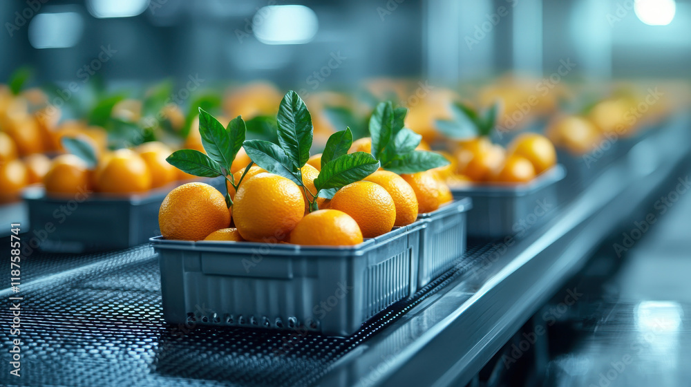 Leinwandbilder fresh oranges in crates with green leaves on conveyor belt in sorting facility, showcasing efficienc