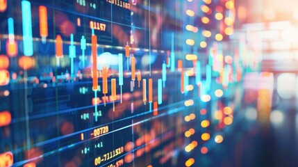 Obraz premium Digital stock market data visualization with colorful graphs and charts, representing financial trends and trading activity. vibrant colors create dynamic atmosphere