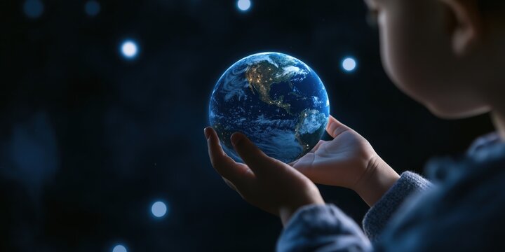 A child gazes at a small globe, representing the Earth, symbolizing innocence, hope, and the future as they dream of a better world for all.