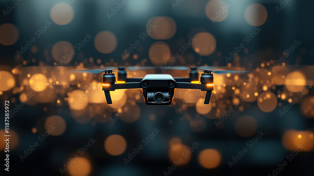 Poster sleek drone hovers in blurred urban background, illuminated by glowing bokeh lights, showcasing adva