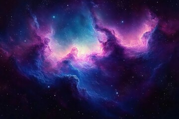 Fototapeta premium Cosmic Nebula Swirling in Deep Purples and Blues Ethereal Space Background of Supernova Stars Glowing Universe