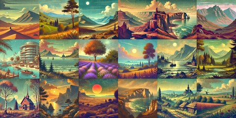 Obraz premium Landscapes in vintage cartoon style. AI generated illustration