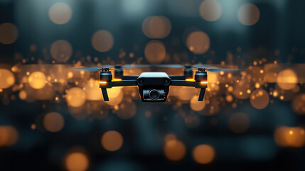 sleek drone hovers in blurred urban background, illuminated by glowing bokeh lights, showcasing advanced technology and innovation in aerial delivery systems