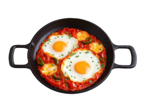 Shakshuka Israel Baked eggs in thick tomato sauce with peppers and onions, served in sizzling cast iron skillet with fresh