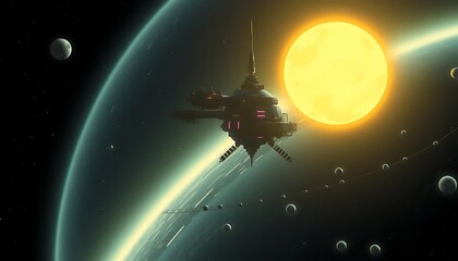 Naklejka premium Space Station Orbiting Planet Yellow Sun Background Stars