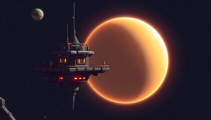 Naklejka premium Space Station Orbiting Orange Planet Stellar Background Dark Atmosphere